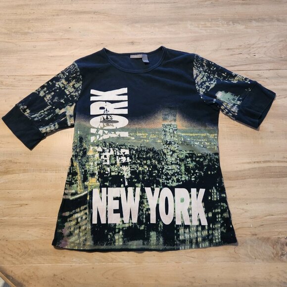 Apt. 9 New York T-Shirt NYC Skyline All Over Print Bling Rhinestone Womens Large - Picture 5 of 11